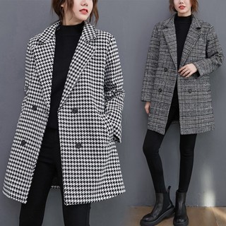 實拍 新款韆鳥格毛呢外套女韓版大碼寬鬆流行氣質中長款呢子大衣