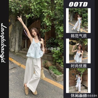 🎗有億點好看 時尚套裝女藍色褶皺吊帶背心2024年夏季寬鬆闊腿褲休閒褲兩件套小可愛吊帶上衣 吊帶無袖上衣