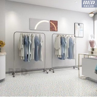 【可開發票】掛衣架 服裝店展示架 帶滑輪 落地衣架 中島架 落地立式不銹鋼拉絲銀中島架 家用陳列架 家用衣帽架