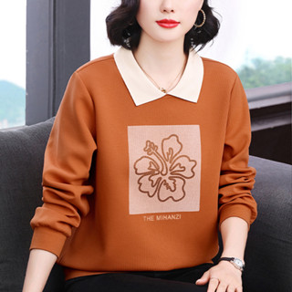 翻領衛衣女士2024年新款時尚寬鬆遮肉套頭上衣媽媽裝棉長袖燙鑽
