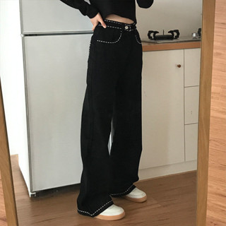 【 𝑭𝒍𝒐𝒘𝒆𝒓𝒔𝒆𝒂】韓版 小花刺繡 牛仔褲女 寬鬆 黑色闊腿褲 微喇叭長褲子 女褲