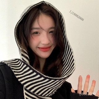 💯臺灣出貨#多種風格鞦鼕韓版條紋帽子圍巾一體女保暖披肩圍脖毛綫針織帽連帽