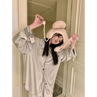 【有幸時光】ins風睡衣 德絨睡衣女 春秋冬季睡衣 加絨加厚睡衣 保暖長袖長褲睡衣 學生睡衣 家居服套裝 外穿 純色睡衣