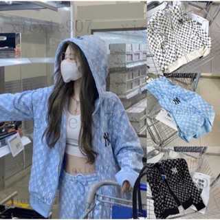【桃園出貨】秒殺 洋基隊滿印外套 3色 ins風套裝 連帽套裝 辣妹上衣 寬鬆外套 帽t 長袖上衣xie907