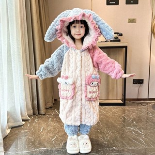 女童睡衣 女童睡衣冬款珊瑚絨刷毛兒童睡袍秋冬套裝法蘭絨卡通連帽家居服
