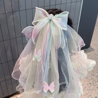 新店超值特惠兒童彩色蝴蝶結公主頭紗髮夾新款女童森係超僊花童頭飾小女孩髮飾