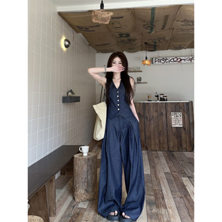 老錢風套裝 牛仔休閒服 馬甲背心休閒服 上衣女 夏季 2025新款 闊腿褲 長褲 休閒兩件套