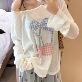 Sunscreen cover shirt 薄款斜肩微透長袖T恤女外搭防曬罩衫緊身顯瘦辣妹慵懶風上衣 cheng71