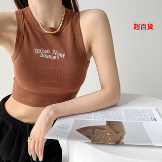 歐美緊身短版露肚打底無袖背心 T恤 女夏季 新款美式辣妹風字母刺繡上衣