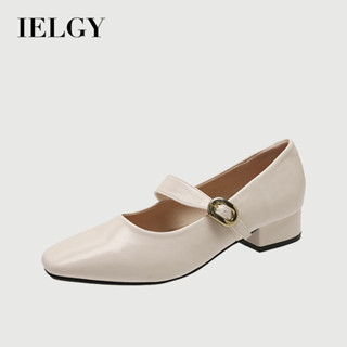 IELGY 2025 法式白色瑪麗珍女鞋方頭粗跟
