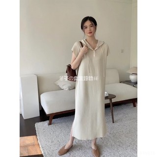 洋裝│ 巨百搭顯瘦の韓系chic復古慵懶風洋裝（6色） 連帽設計寬松顯瘦長款短袖針織連身裙 夏季簡約素色過膝彈力針織長裙