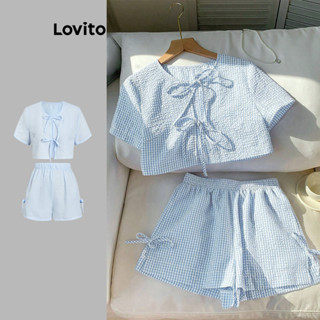 Lovito 女士休閒短褲套裝條紋抽繩上衣或下裝 L112ED239