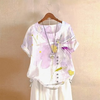 藝文復古印花短袖襯衫 中大尺碼上衣 女生短袖t恤 大尺碼花襯衫 女生衣服 長版上衣