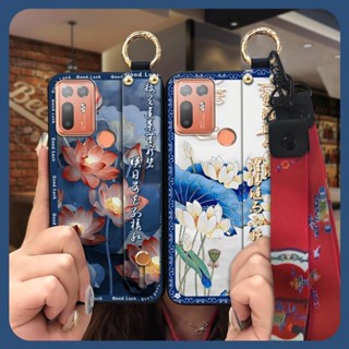 中年女款HTC D20 Plus/Desire 20+手機殼媽媽腕帶蓮花軟殼時尚支架防塵全包矽膠國潮新中式牡丹掛繩老年