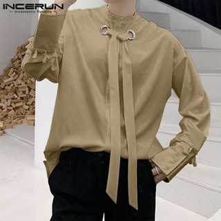 Incerun 男士韓版休閒圓領繫帶寬鬆長袖襯衫