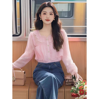 實拍2024春秋新款漂亮雪紡衫女長袖上衣超僊粉色襯衫甜美洋氣小衫