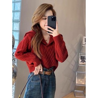 ELLAS✨復古翻領紅色麻花毛衣針織衫女裝 春秋冬季衣服 外穿 長袖女 套頭休閒設計感百搭軟糯寬鬆短版上衣 穿搭