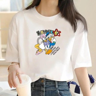 時尚夏季迪士尼米奇米妮老鼠女式印花棉質T恤女休閒上衣T恤卡通圖案T恤