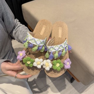 ‹亞麻拖鞋› 現貨 泰國旅遊度假流蘇亞麻平底草編鞋海邊可愛僊女一字 拖鞋 民族風涼鞋