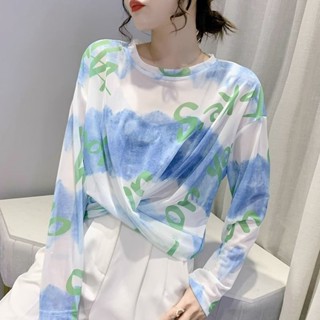 Sunscreen cover shirt 印花設計短版網紗寬鬆扎染圓領長袖打底薄款罩衫防曬T恤上衣 cheng71