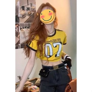 風時尚復古美式辣妹t恤女學生夏季小個子短版露腰百搭黃色上衣20250512