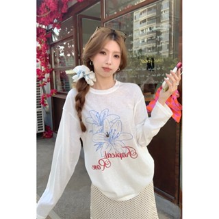 【HOT 本舖】 夏日韓系寬鬆甜美花朵印花雪花亞麻百搭防曬長袖T恤上衣