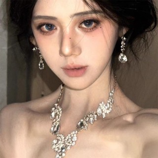 （超閃水滴流蘇項鍊）耳環套裝女輕奢時尚小眾舞會禮服配飾品