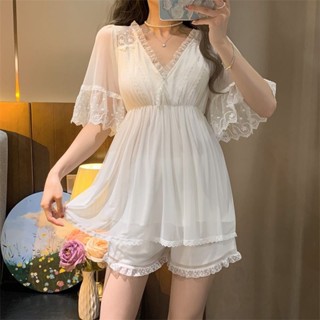 網紗睡衣帶胸墊宮廷蕾絲花邊甜美短袖睡裙家居服套網眼睡衣帶胸墊宮廷蕾絲蕾絲甜美短袖睡衣家居服套裝
