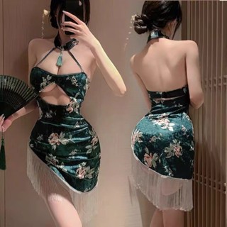 情趣內衣人間富貴花印花絲絨掛脖流蘇旗袍性感純欲套裝sex