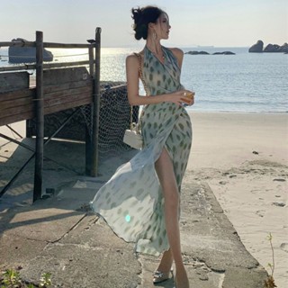 靈動印象RARE ME複古小眾設計度假氛圍感掛脖印花露背連衣裙