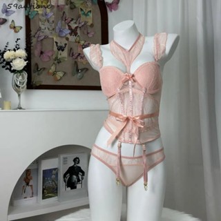 ANTIONE蕾絲吊帶背心內褲套裝,修身版型熱情套裝女士內衣,鏤空網眼無袖款睡裙蝴蝶結蕾絲緊身胸衣