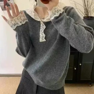 【NZN】 韓版甜美蕾絲拼接連帽長袖針織毛衣打底上衣