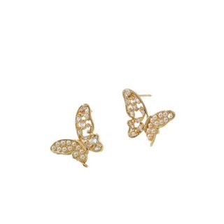 宏雲Hongyun-Ala新品-保色14k包金鑲珍珠鋯石蝴蝶帶吊環耳釘925銀針diy手作耳飾品配件