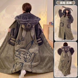 【新品】NASA皮卡丘睡袍女鼕季珊瑚絨加厚加絨大碼睡衣懶人毯子傢居服套裝