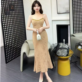 實拍 法式複古性感吊帶裙修身抹胸連衣裙女夏季包臀禮服魚尾長裙