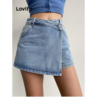 Lovito 女裝休閒牛仔短褲 素色仿二合一不對稱口袋牛仔短褲 LNE58166
