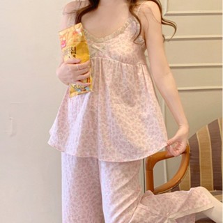睡衣 睡袍 甜美碎花蕾絲蝴蝶結花邊帶bra胸墊家居服睡衣套裝MSPT