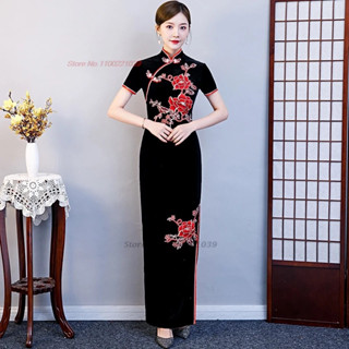 女士花卉刺繡天鵝絨旗袍傳統晚禮服舞臺舞蹈服裝