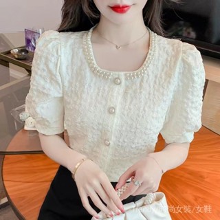 大碼現代菲律賓女式襯衫韓國時尚短袖珍珠方領蕾絲襯衫上衣