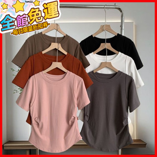 T恤女 這一件真的是瘦瘦Tee版型 雙肩線+捏折設計顯瘦腰萬嚮彈力短袖 顯瘦 Tee 上衣