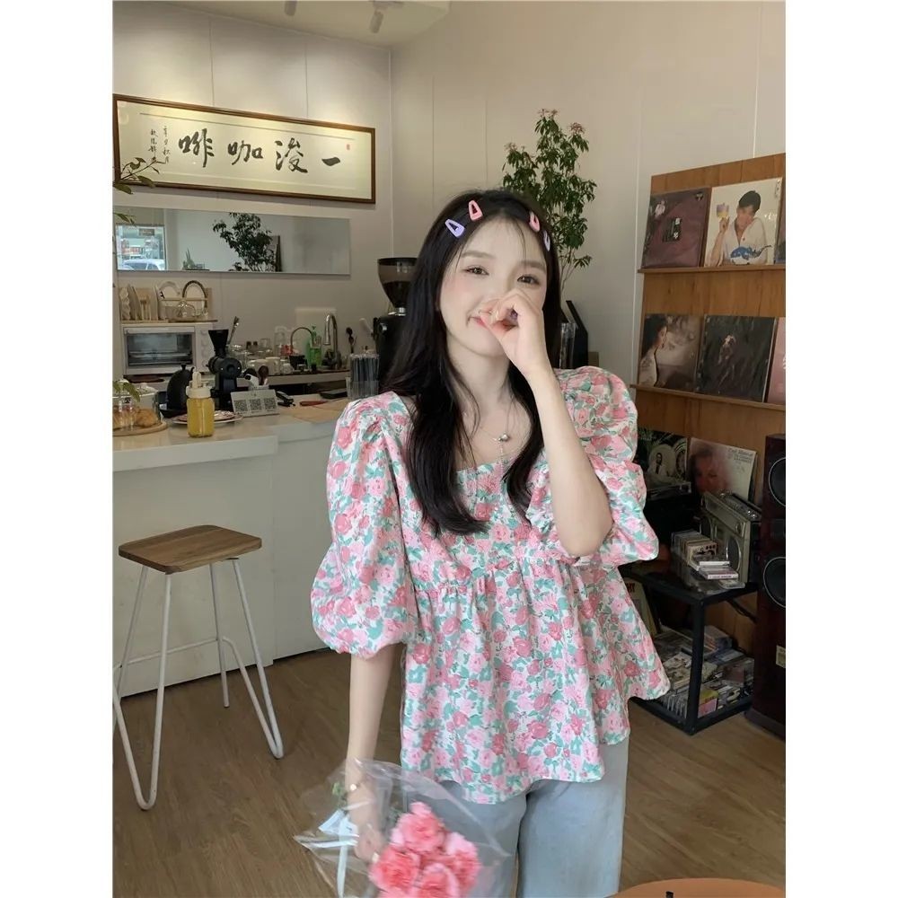 Chic☀【1212人好評】法式方領宮廷風短袖襯衫女夏復古碎花設計感小眾別緻韓系chic上衣 雪紡衫 罩衫 防嗮衣 女士