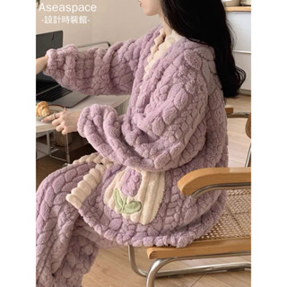 aseaspace.珊瑚絨睡衣女冬季網紅甜美冬季新款加厚少女法蘭絨長袖家居服套裝
