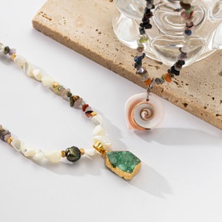 新上市！《法式浪漫飾品》歐美ins風復古天然石貝殼碎石瑪瑙水晶電鍍18k真金高階感鈦鋼項鍊/秋冬上新！