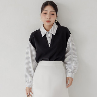 【polylulu】 miss.韓系日常假兩件多色條紋長袖翻領上衣 中大尺碼上衣 黑色