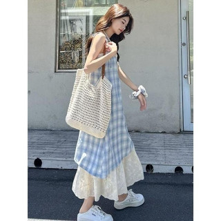 【奇奇樂百貨店】夏季女款連身裙 藍色格紋吊帶裙連衣裙子女 夏季新款假兩件拚接蕾絲小眾設計感長裙 舒適顯瘦 洋裝