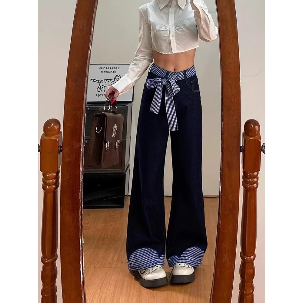 【HOT 本舖】 美式復古蝴蝶結綁帶格子拼接牛仔褲女2025年春設計感高腰闊腿褲子