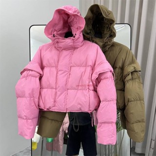 免運 抗寒-30°真羽絨 韓國東大門 可拆卸袖子羽絨服女士2024冬短款連帽寬鬆白鴨絨時尚加厚保暖外套出國 北海道 旅遊