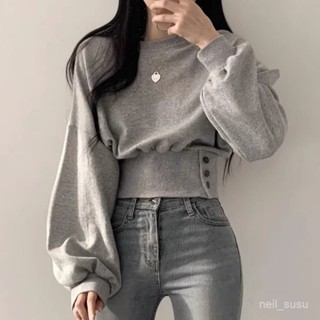 P3-韓國chic秋季小眾設計感圓領係扣收腰顯瘦長袖短款套頭衛衣上衣女