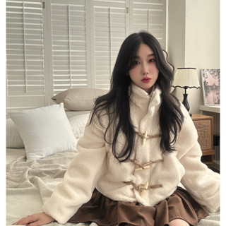 韓國chic 複古小個子慵懶風立領羊羔毛牛角扣夾棉保暖外套