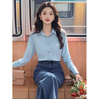實拍純慾休閒風簡約條紋翻領襯衫女長袖2024秋季女裝上衣